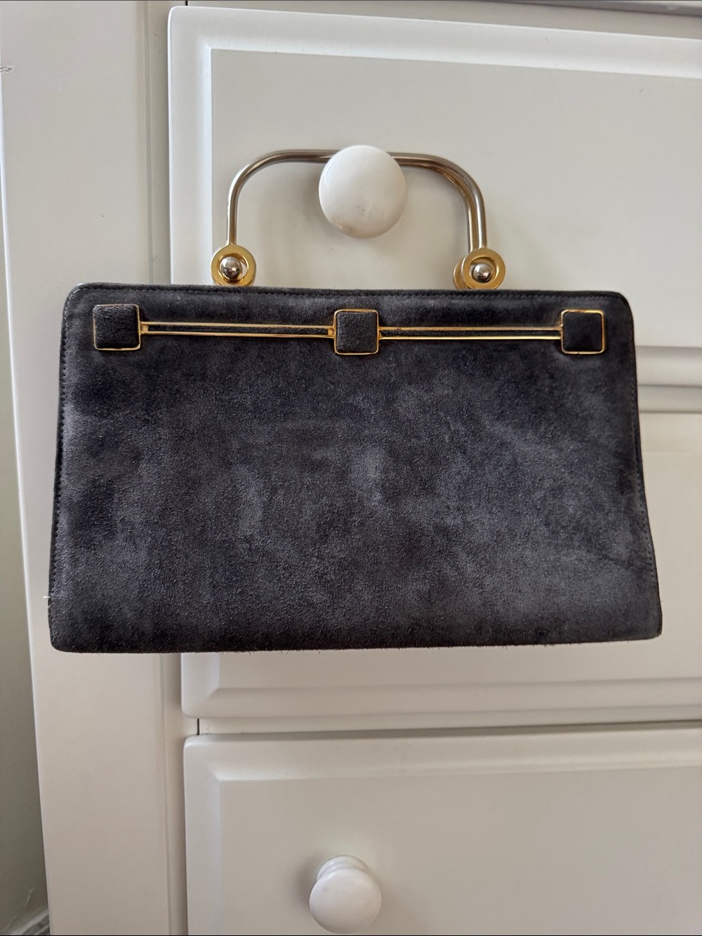 Vintage Classic Gray Suede Top-Handle Bag with Gold Hardware